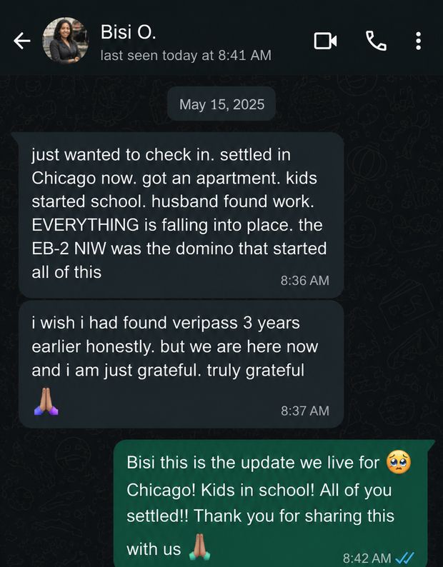WhatsApp conversation with a VeriPass client after her EB-2 NIW approval