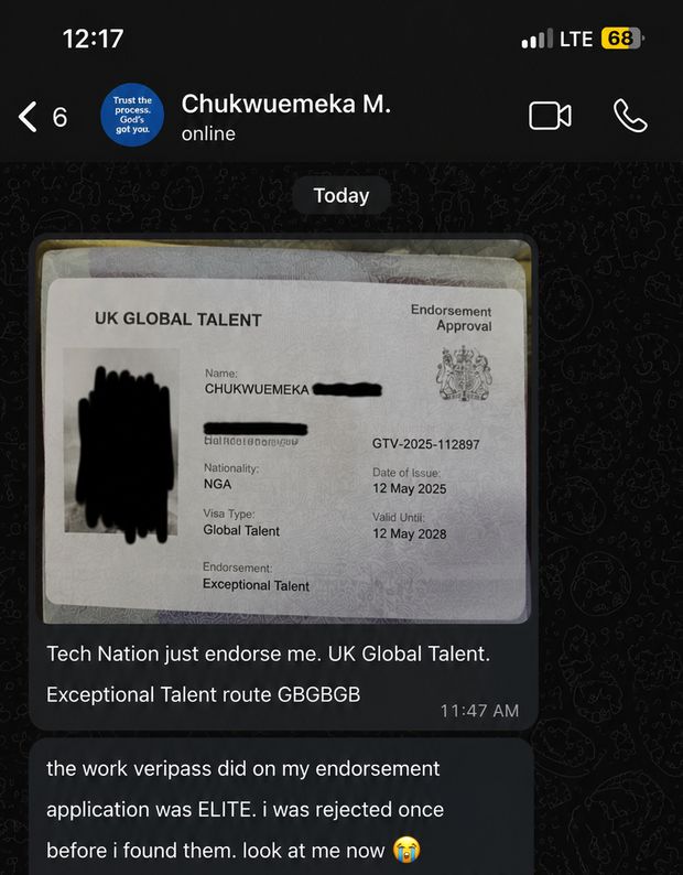 WhatsApp conversation with a VeriPass client after his UK Global Talent approval