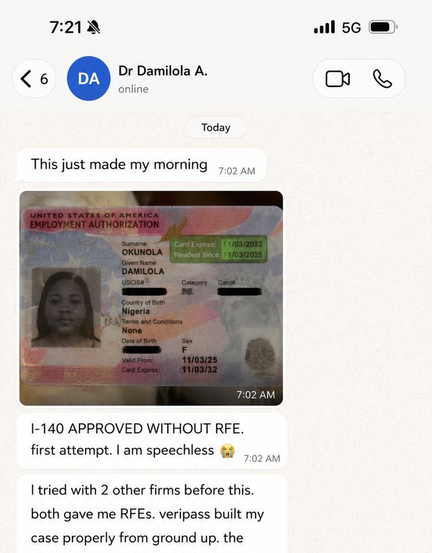 WhatsApp conversation with a VeriPass client after her I-140 approval