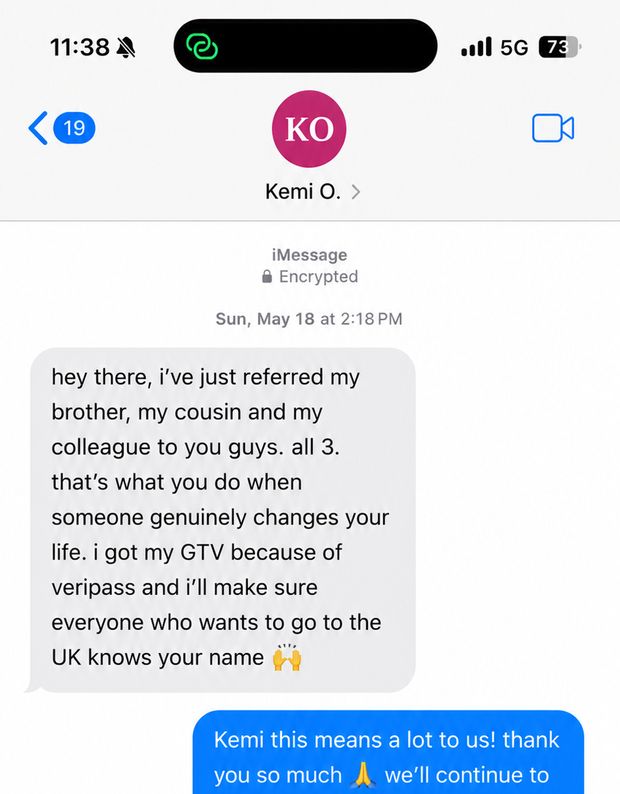 iMessage conversation with a VeriPass client after her UK Global Talent approval