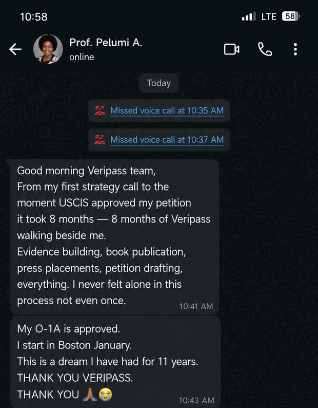 WhatsApp conversation with a VeriPass client after his O-1A approval