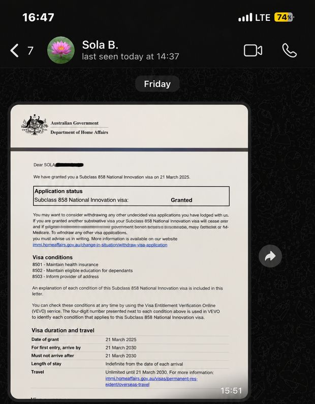 WhatsApp conversation with a VeriPass client after her Australia NIV approval